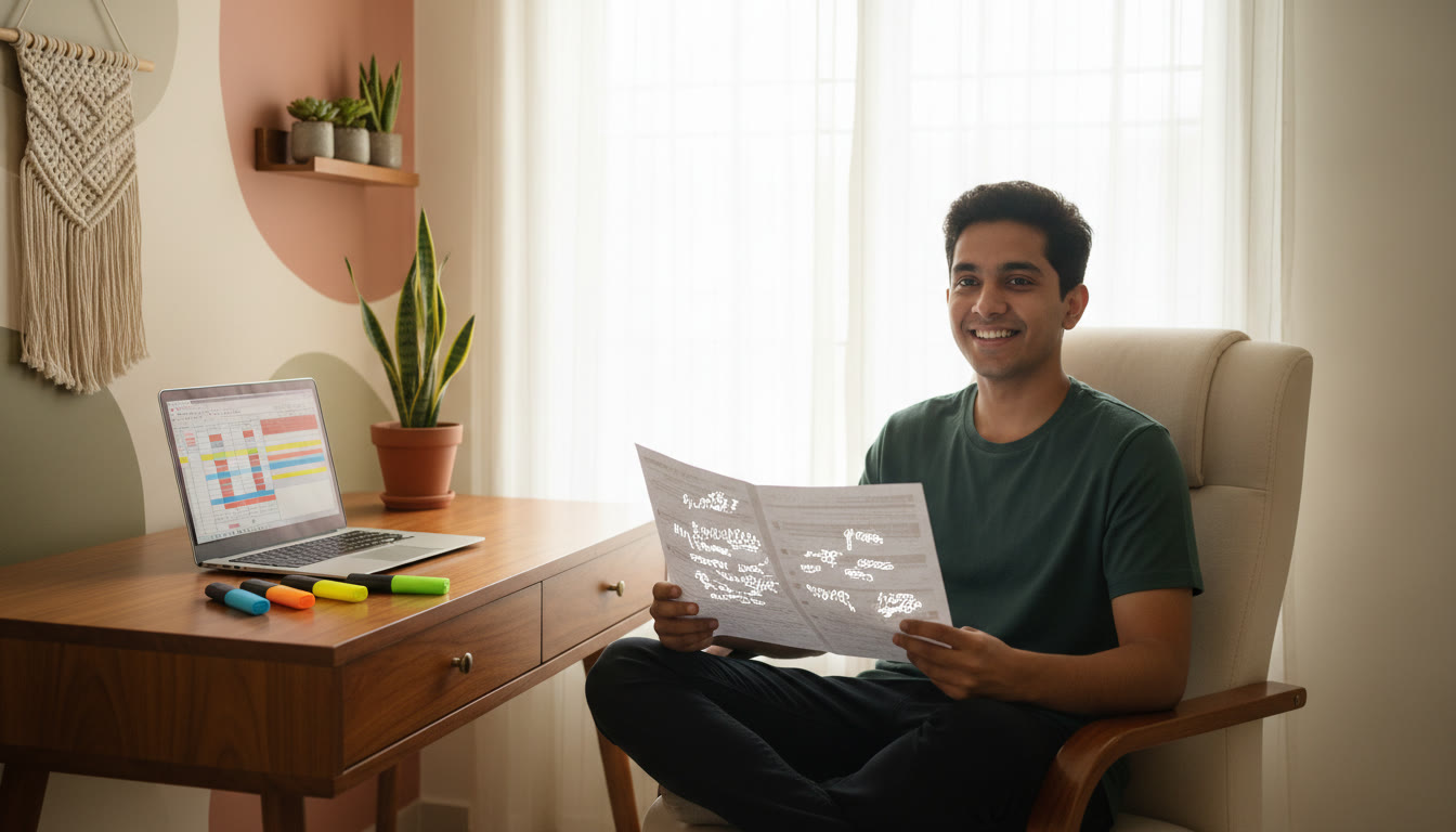 Photo Idea : A student at a desk with a printed mock test, colored highlighters, and a laptop open to a spreadsheet