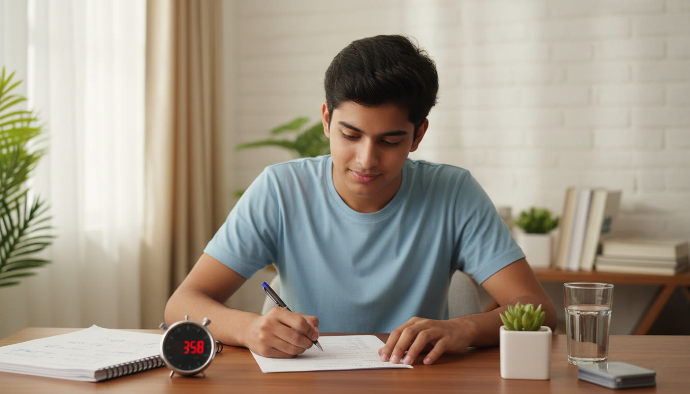 Photo Idea : Student at a desk taking a timed mock test with a visible stopwatch, question paper, and neat rough-work on a notebook