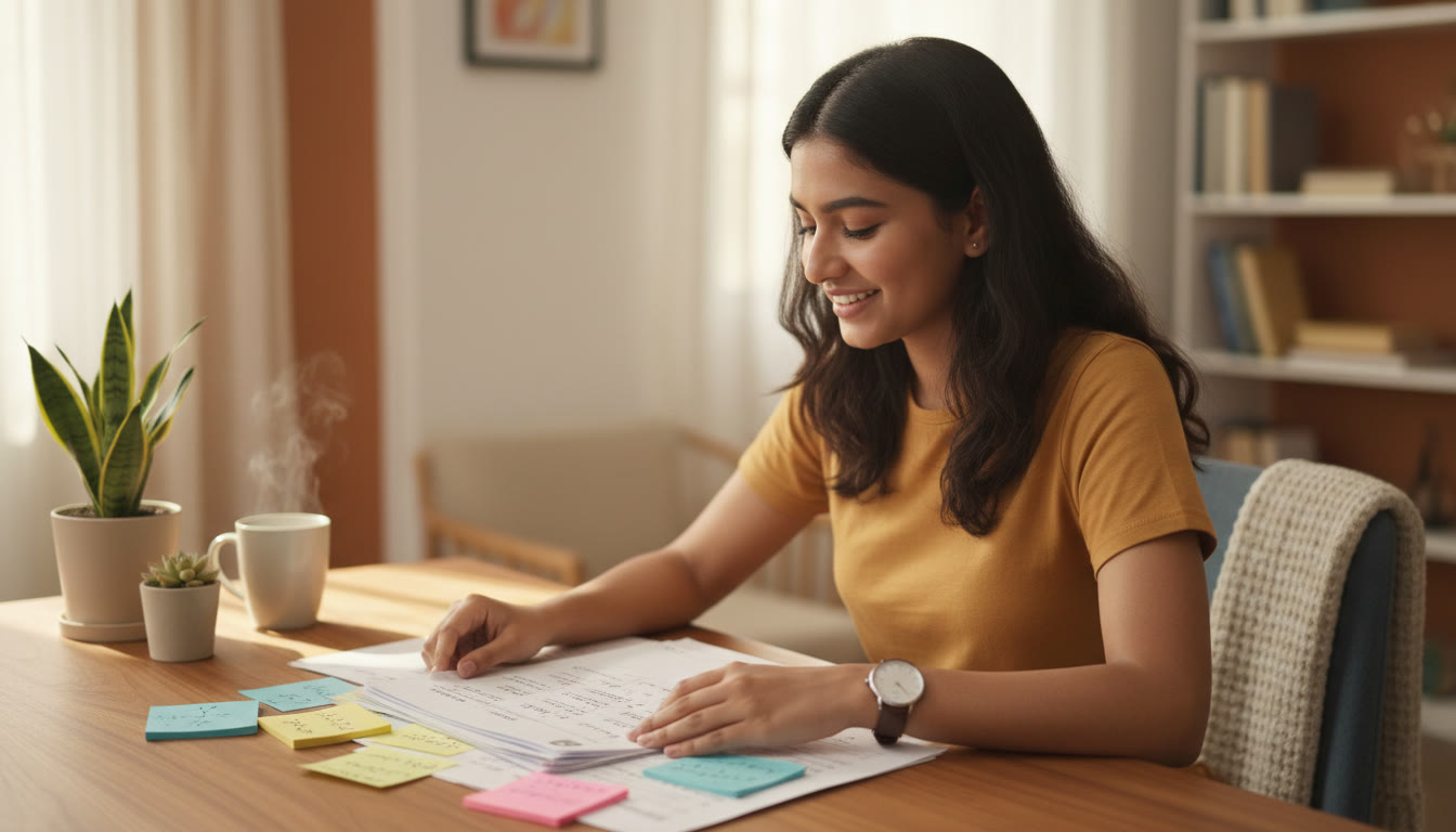 Photo Idea : A student reviewing a printed mock test with colored sticky notes and a watch