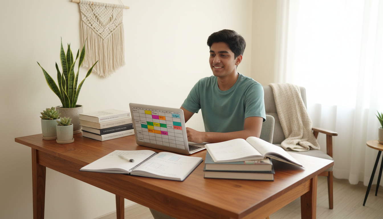 Photo Idea : Student at a desk with ISC textbooks and NEET notes, laptop showing a study timetable