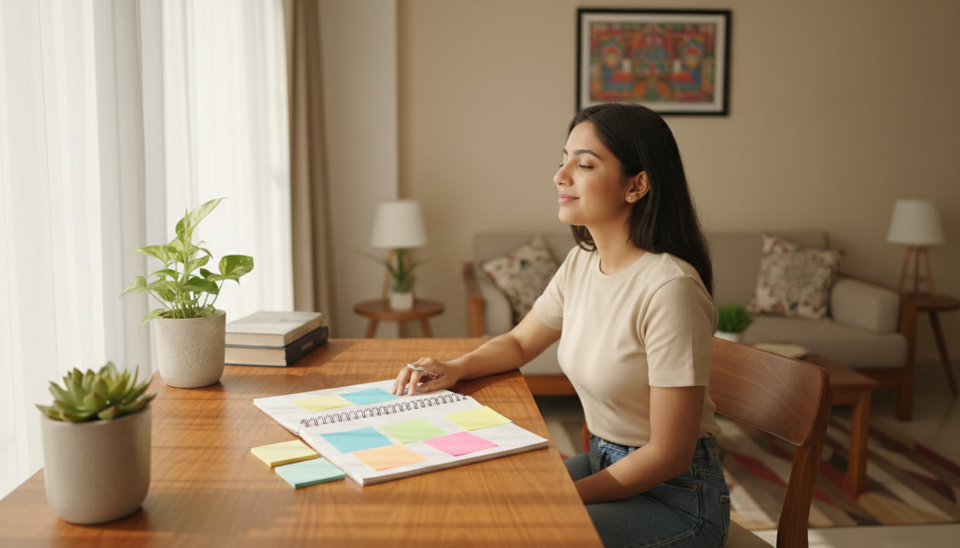 Photo Idea : A student at a desk with a notebook titled "Error Log" and colorful sticky notes, soft natural light.