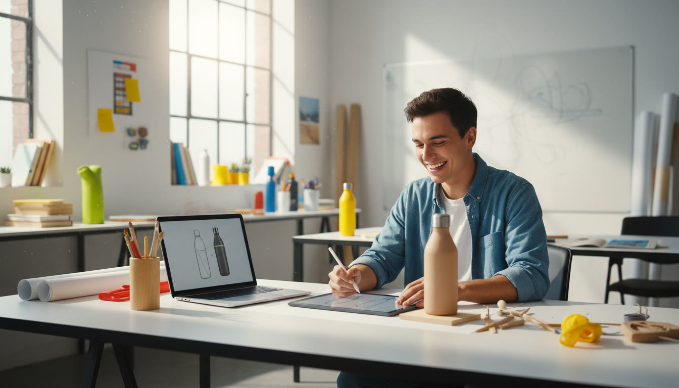 Photo Idea : Student sketching a product prototype in a bright studio with laptop and clay model