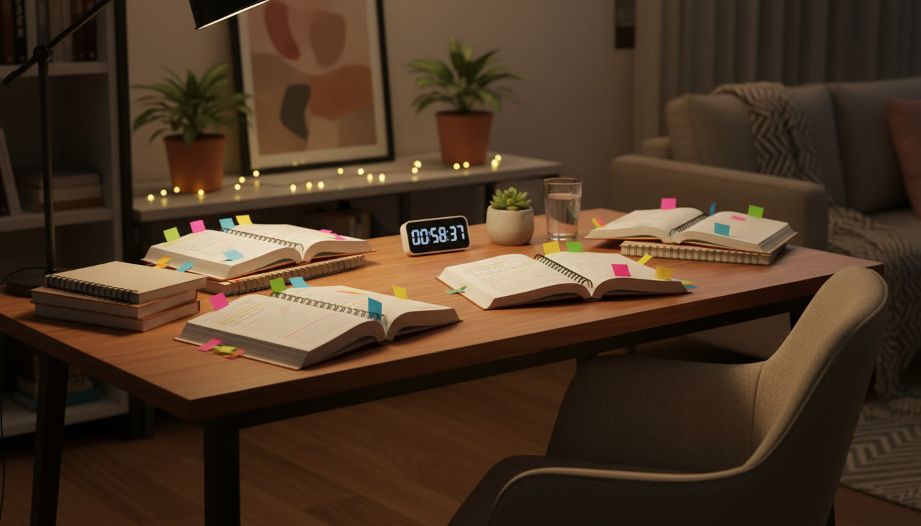Photo Idea : A neat night study setup with color-coded notes, sticky flags, and a timer on the table
