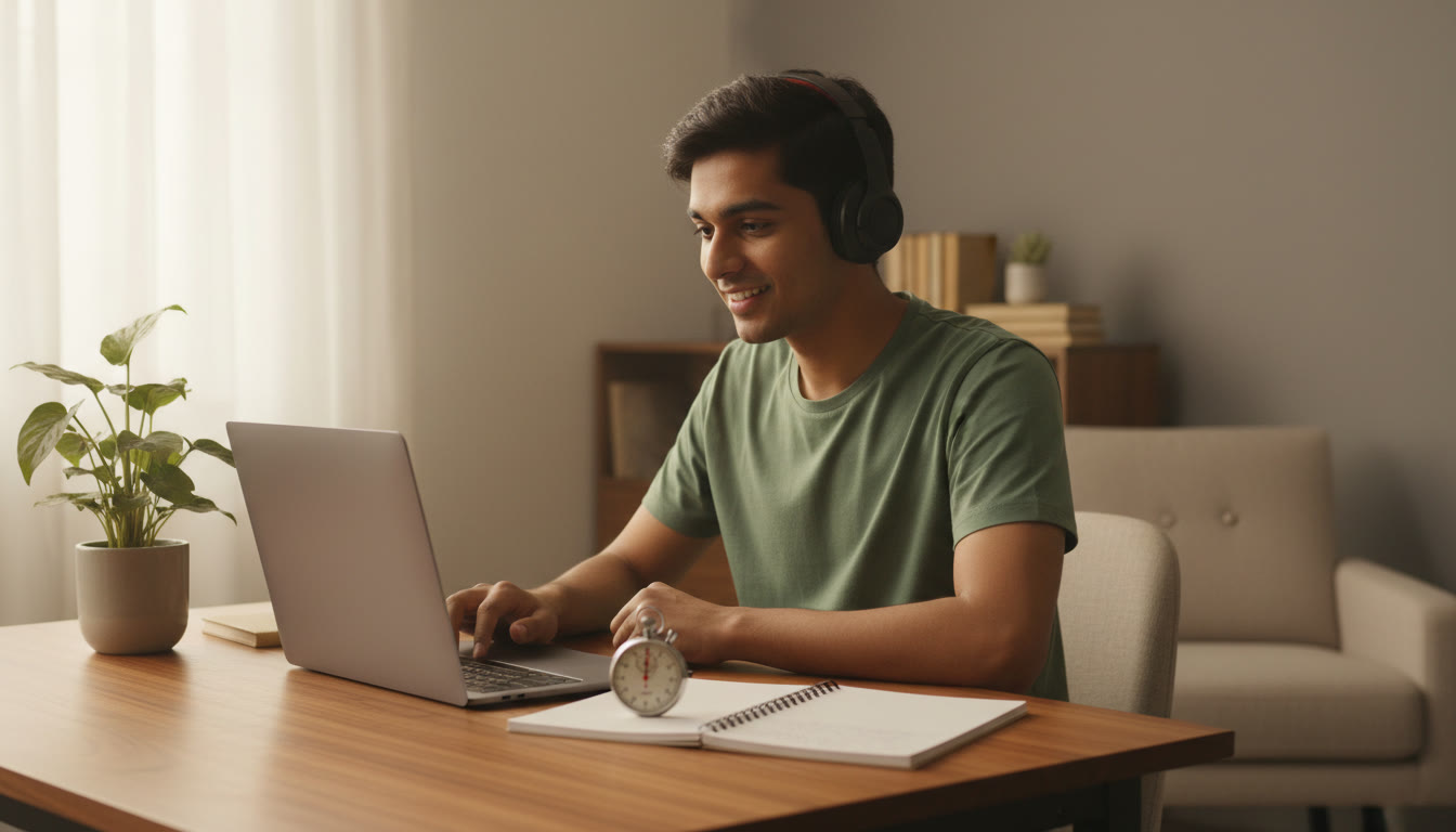 Photo Idea : A focused student taking a timed full-length mock on a laptop, headphones on, with a notebook and stopwatch nearby