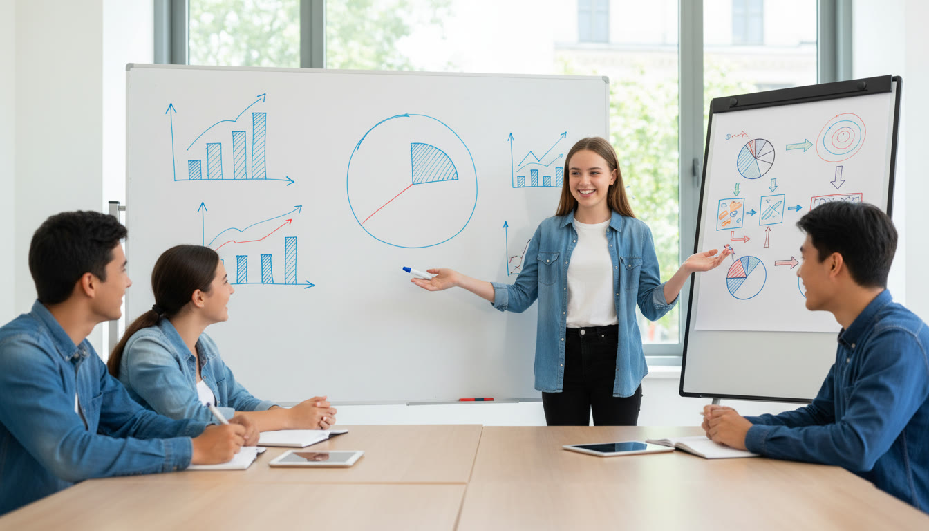 Photo Idea : A student presenting a small business project to peers using a whiteboard and charts