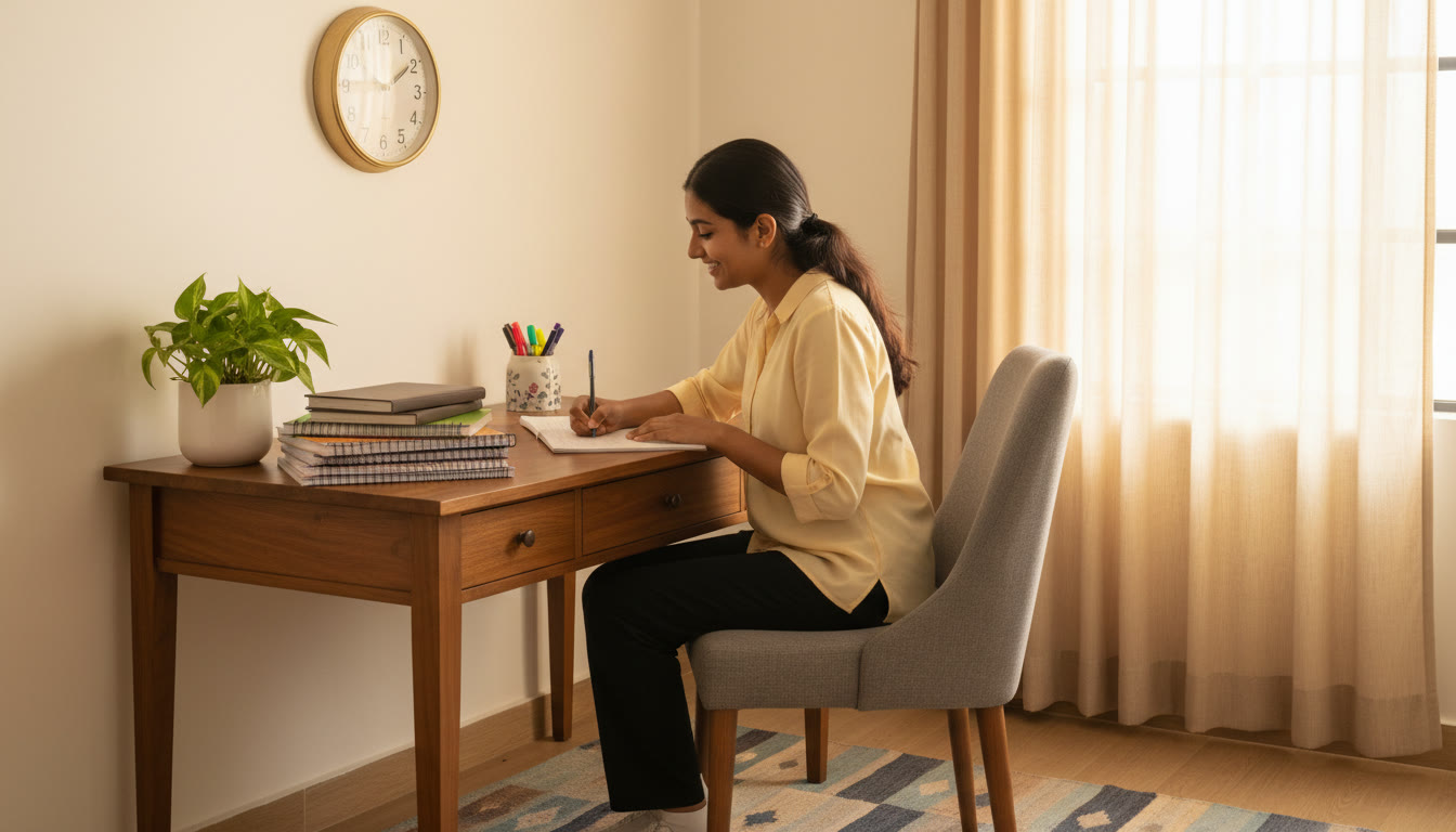 Photo Idea : Student writing at a desk with a clock and neatly organized study materials