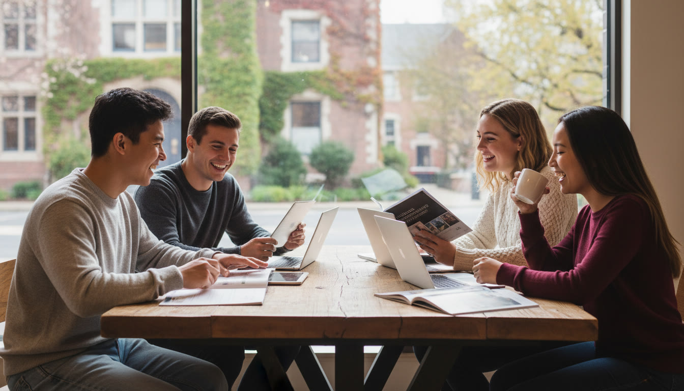 Photo Idea : a relaxed group of IB students in casual clothes smiling over university brochures and laptops