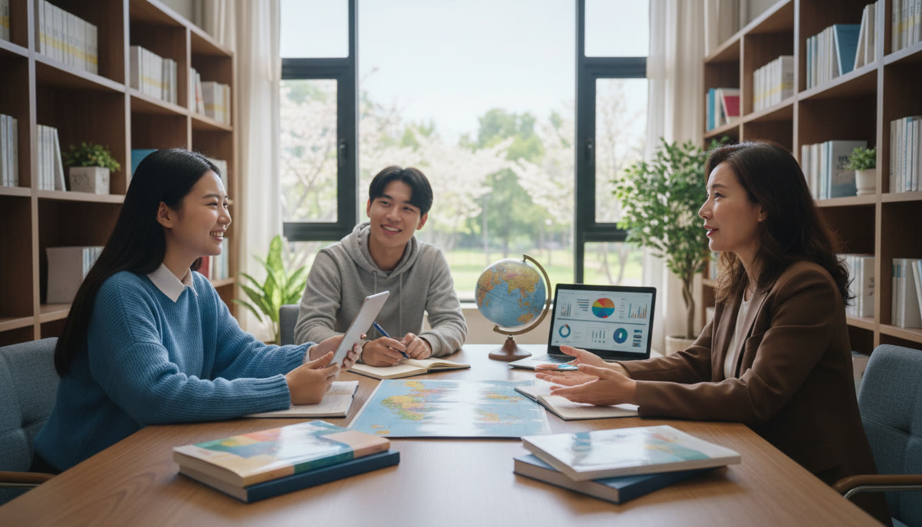 Photo Idea : Two students conducting a mock interview with a mentor in a quiet study room