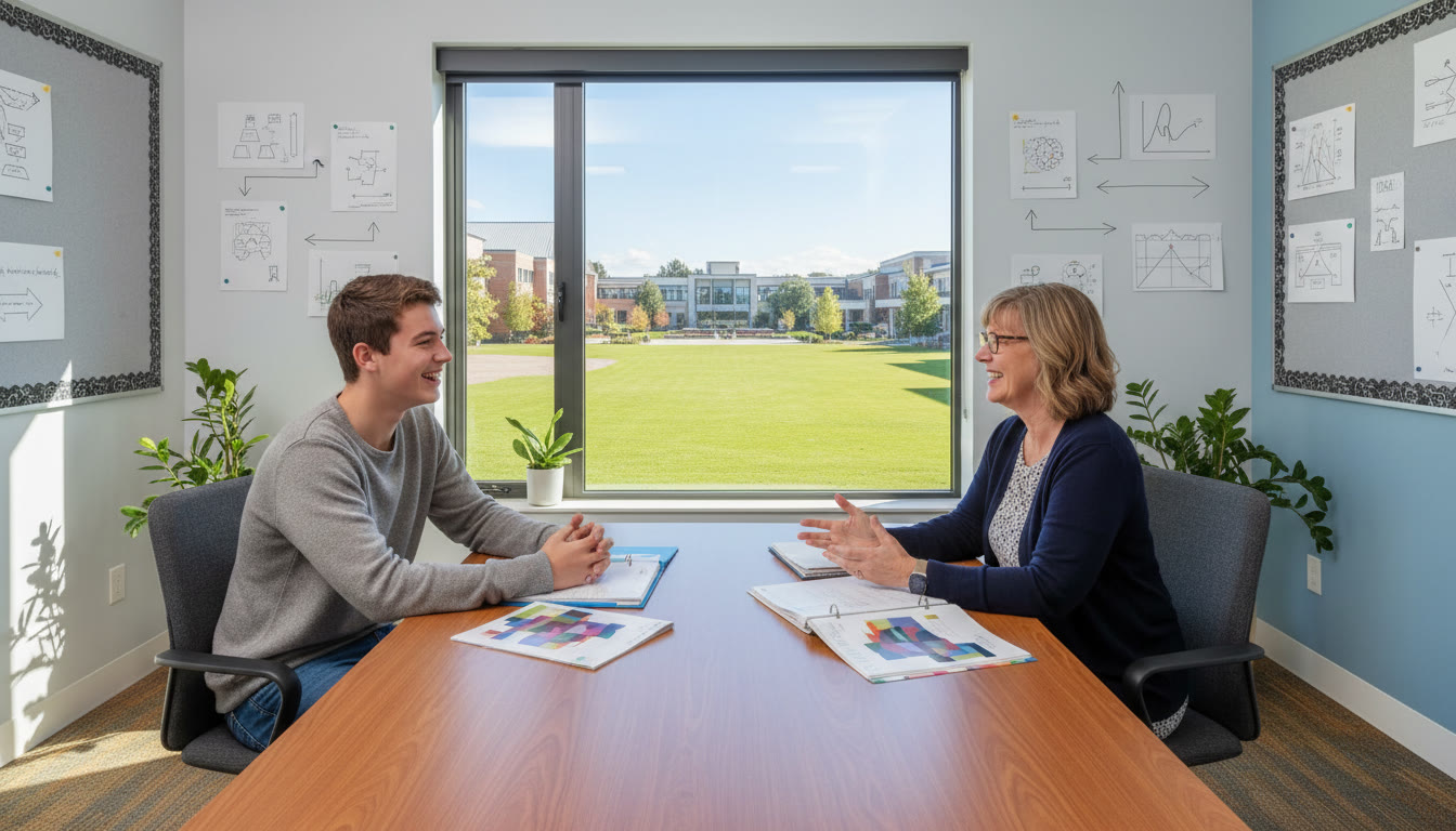 Photo Idea : A student and DP coordinator talking over subject choices in a bright school office