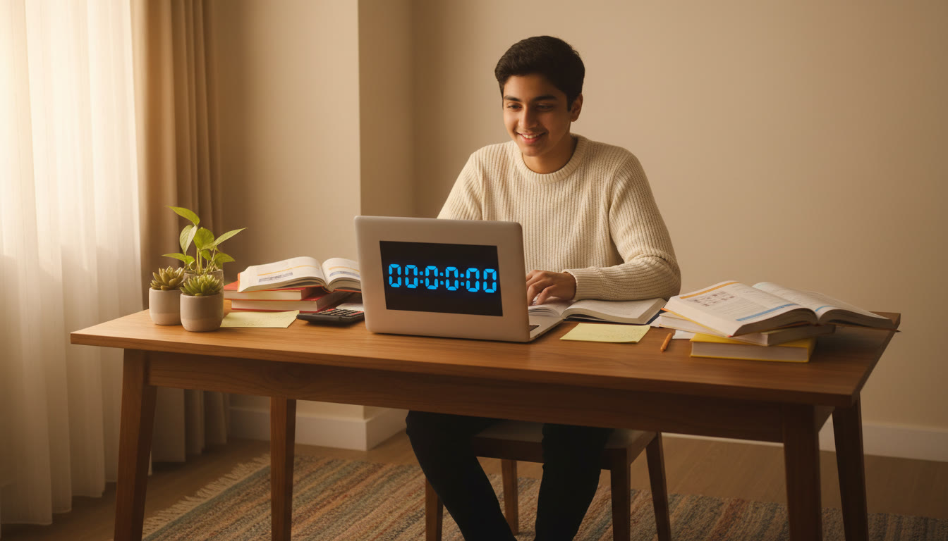 Photo Idea : A focused student at a desk with open textbooks and a laptop showing a countdown timer.
