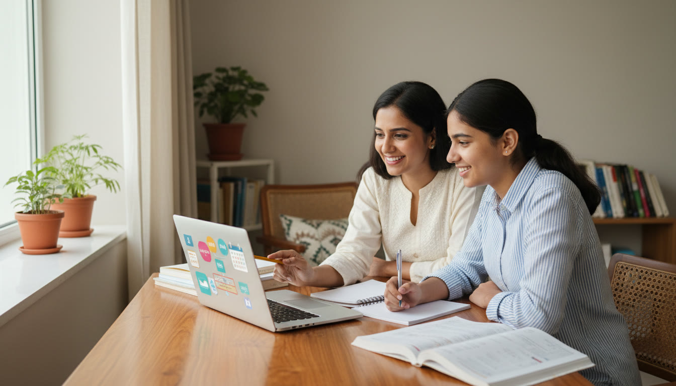Photo Idea : A tutor and student working on a problem together with a laptop showing a study plan