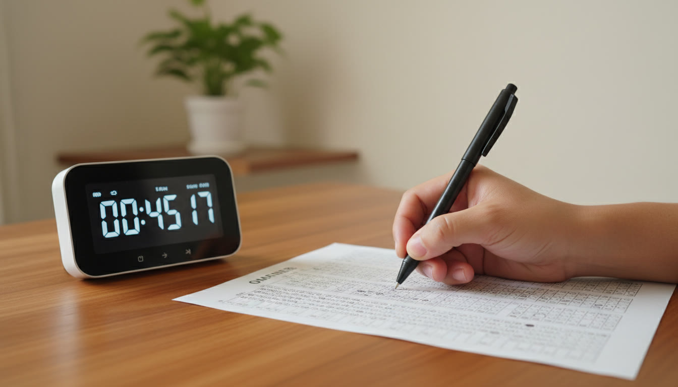 Photo Idea : Close-up of a hand carefully bubbling answers on an OMR sheet next to a timer