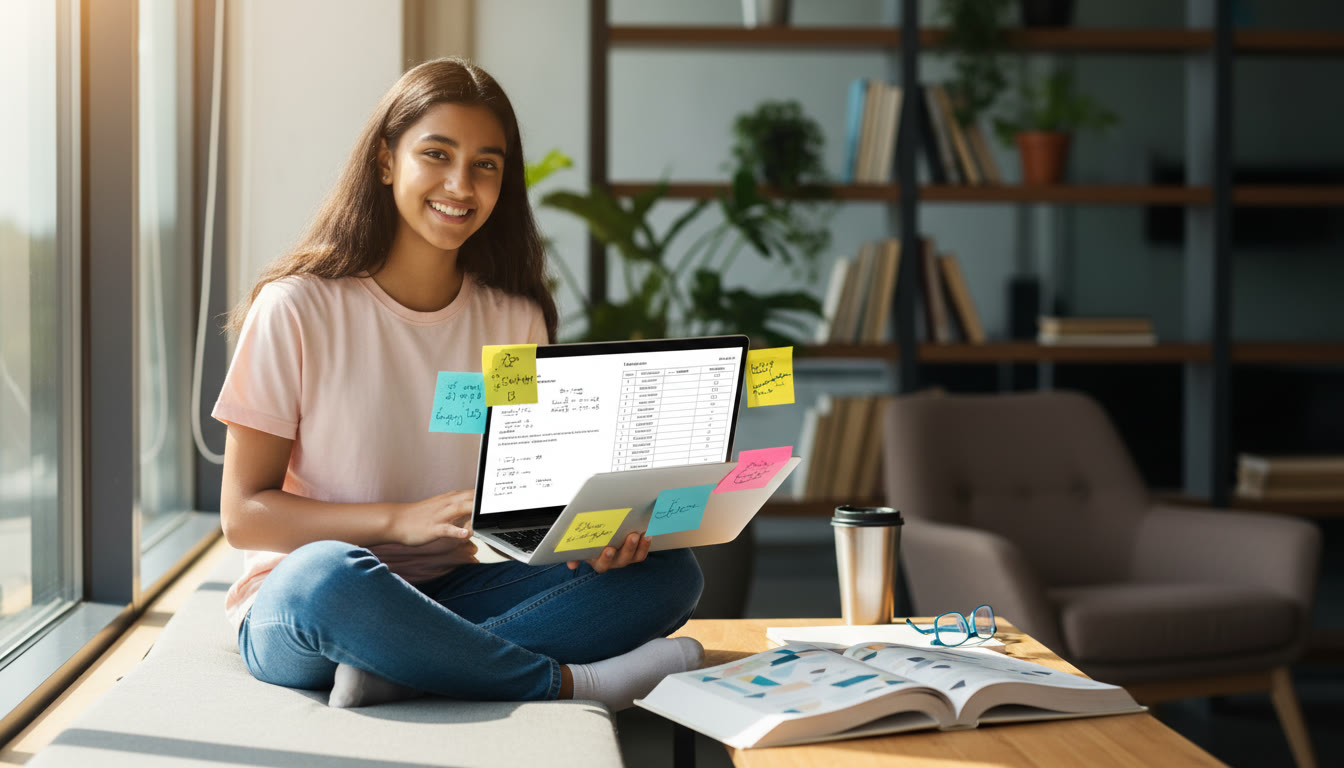 Photo Idea : A student using a laptop with a split-screen: past paper on left, markscheme on right, sticky notes surrounding