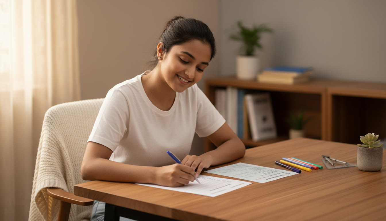 Photo Idea : Calm student checking a neat final-day checklist next to an admit card and stationery on a tidy desk