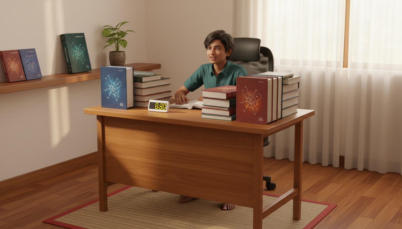 Photo Idea : A focused student at a desk surrounded by Physics, Chemistry and Biology books with a timer running