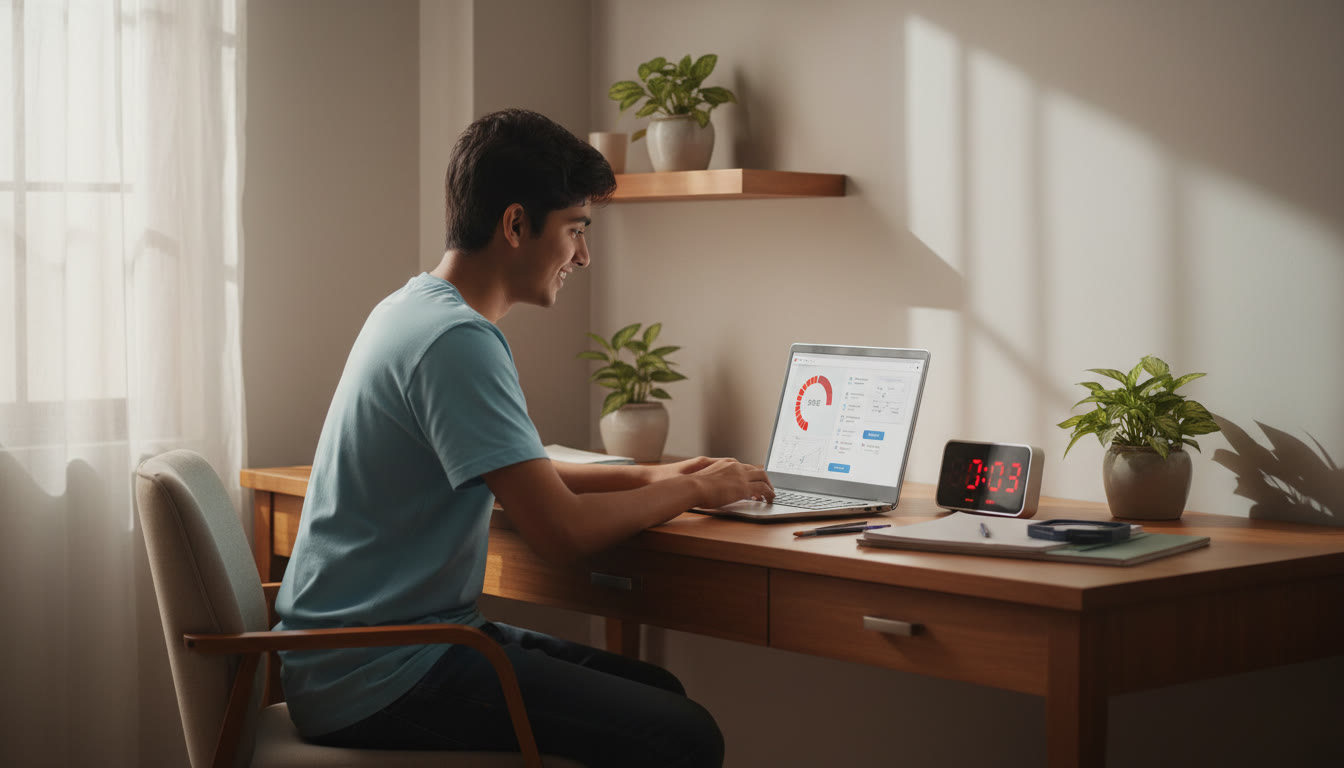 Photo Idea : Student at a desk taking a timed full-length mock with a visible countdown timer and a laptop showing the test interface
