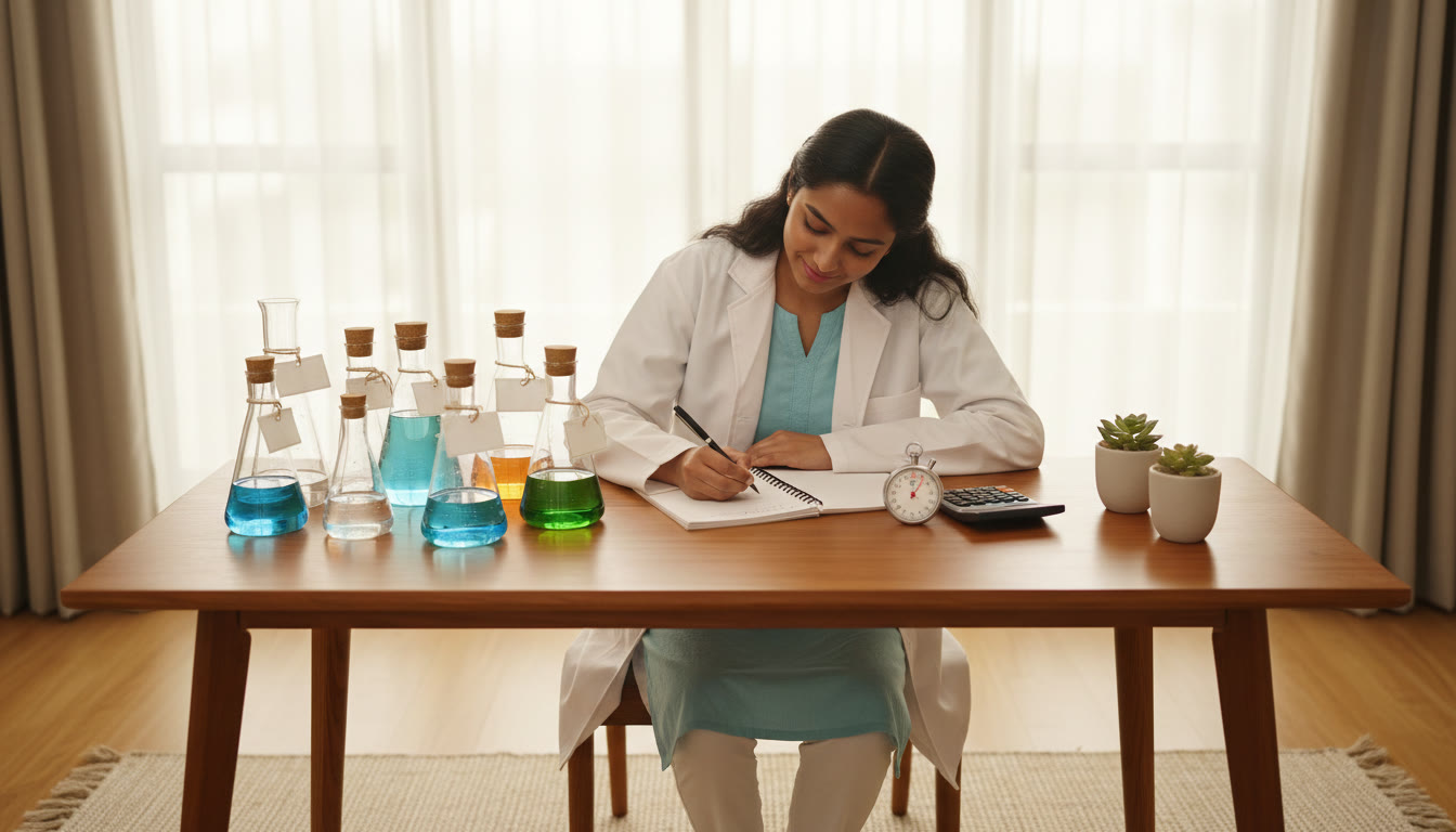 Photo Idea : Student writing in a neat lab notebook beside labeled glassware, with a stopwatch and calculator visible.