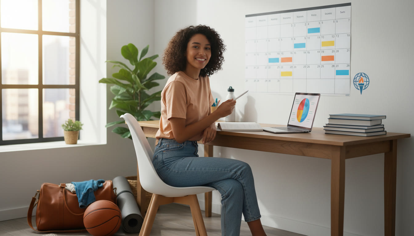 Photo Idea : Student at a study table with a duffel bag and sports gear nearby, looking at a calendar