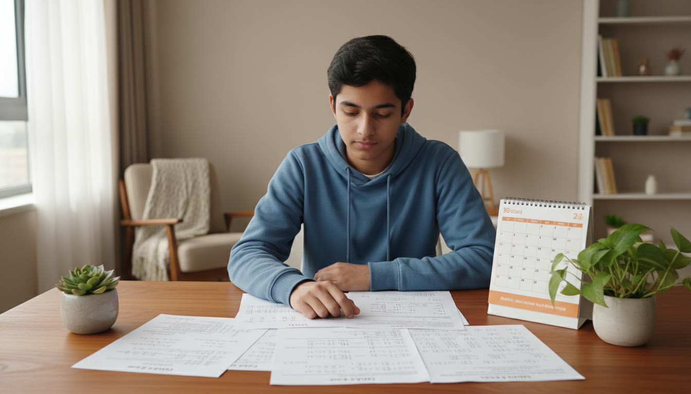 Photo Idea : A student at a desk, calendar and mock-test printouts spread out, looking focused but calm.