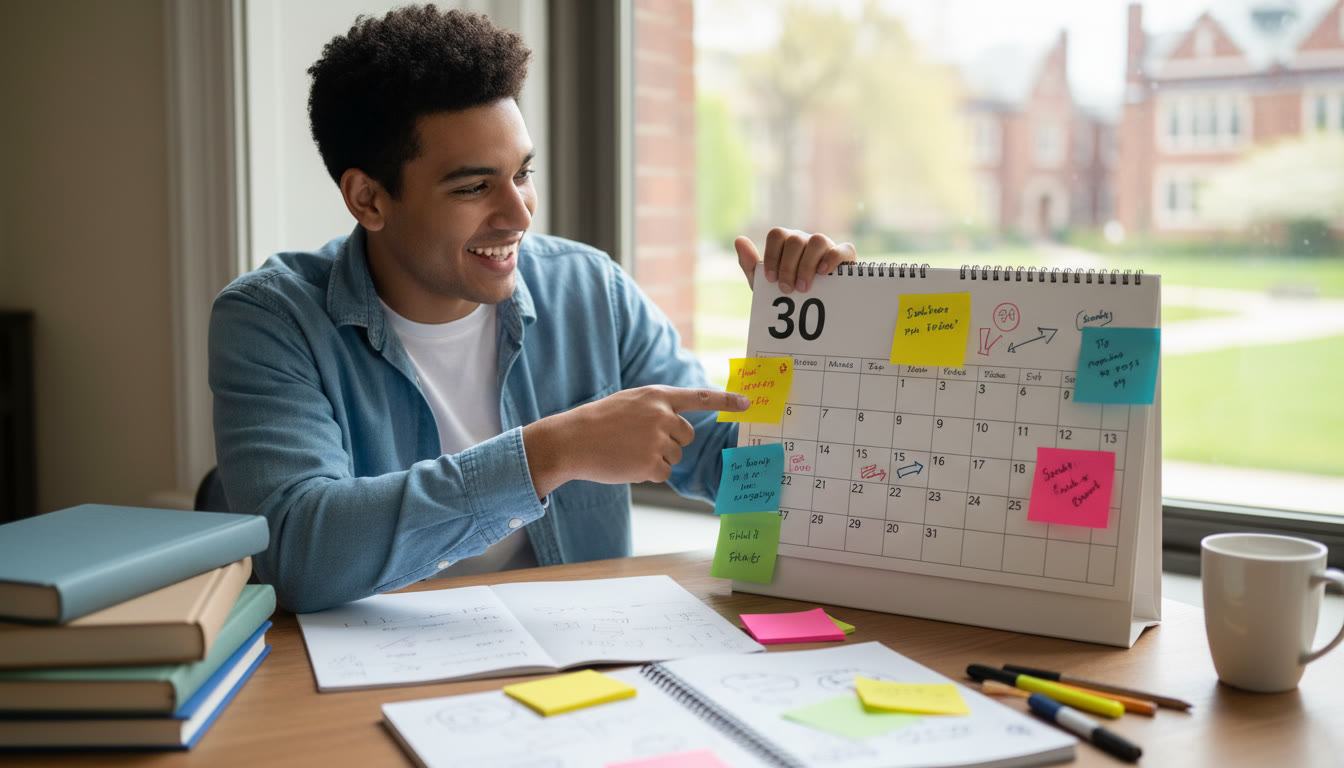 Photo Idea : Student at a desk with a 30-day countdown calendar, sticky notes, and textbooks