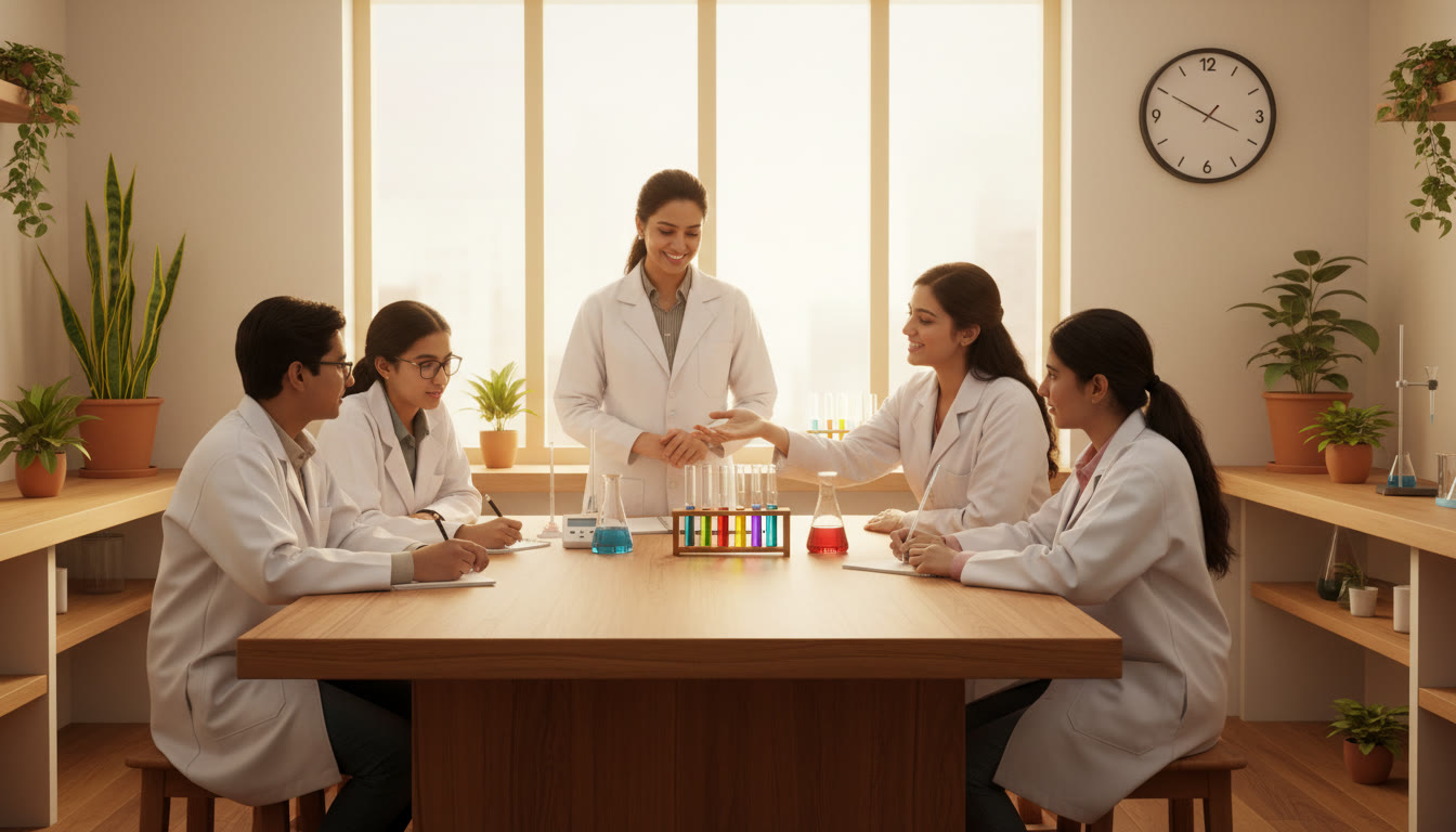 Photo Idea : A small group in a lab doing a mock practical under timed conditions, one student presenting results to a teacher