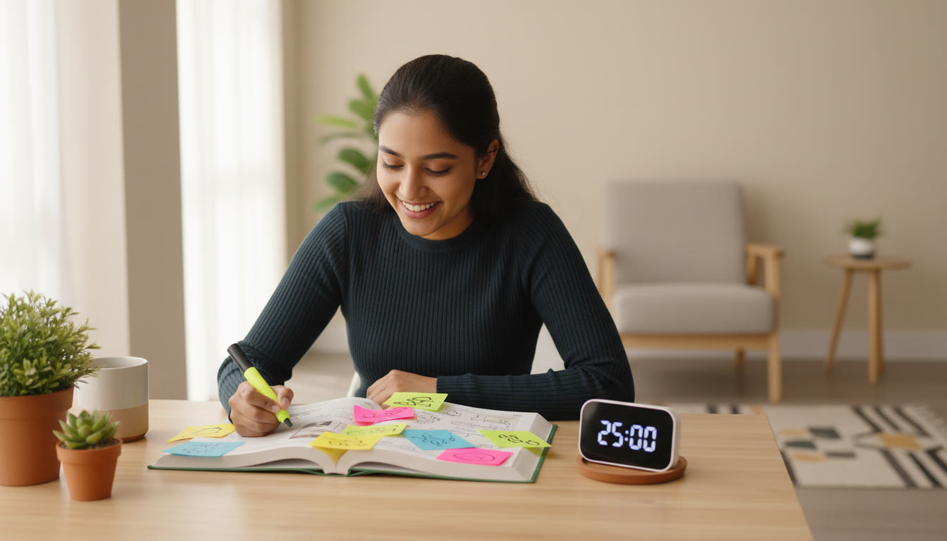 Photo Idea : student at a desk with an open textbook, colorful sticky notes, and a visible timer