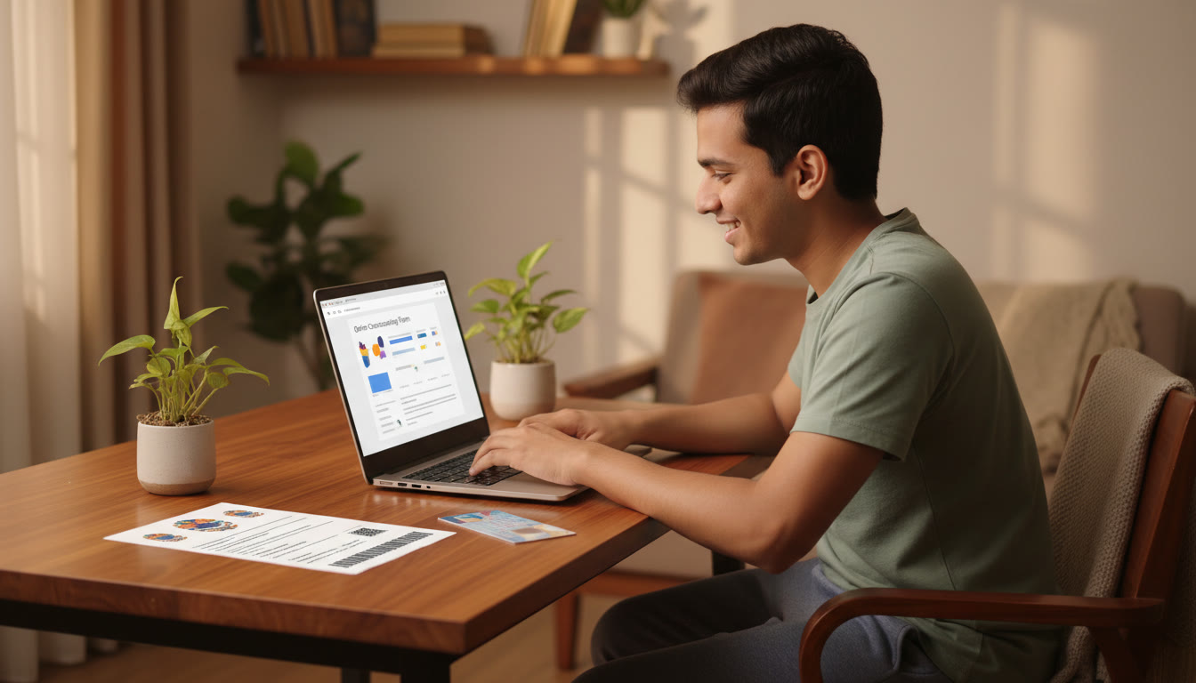 Photo Idea : Student at desk filling an online counselling form on a laptop, with rank card and identity documents nearby