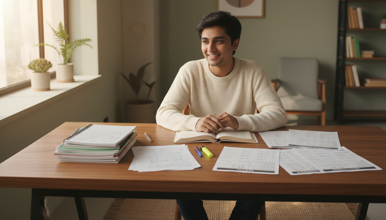 Photo Idea : A focused student at a desk with ISC notes on one side and NEET MCQ papers on the other, natural light