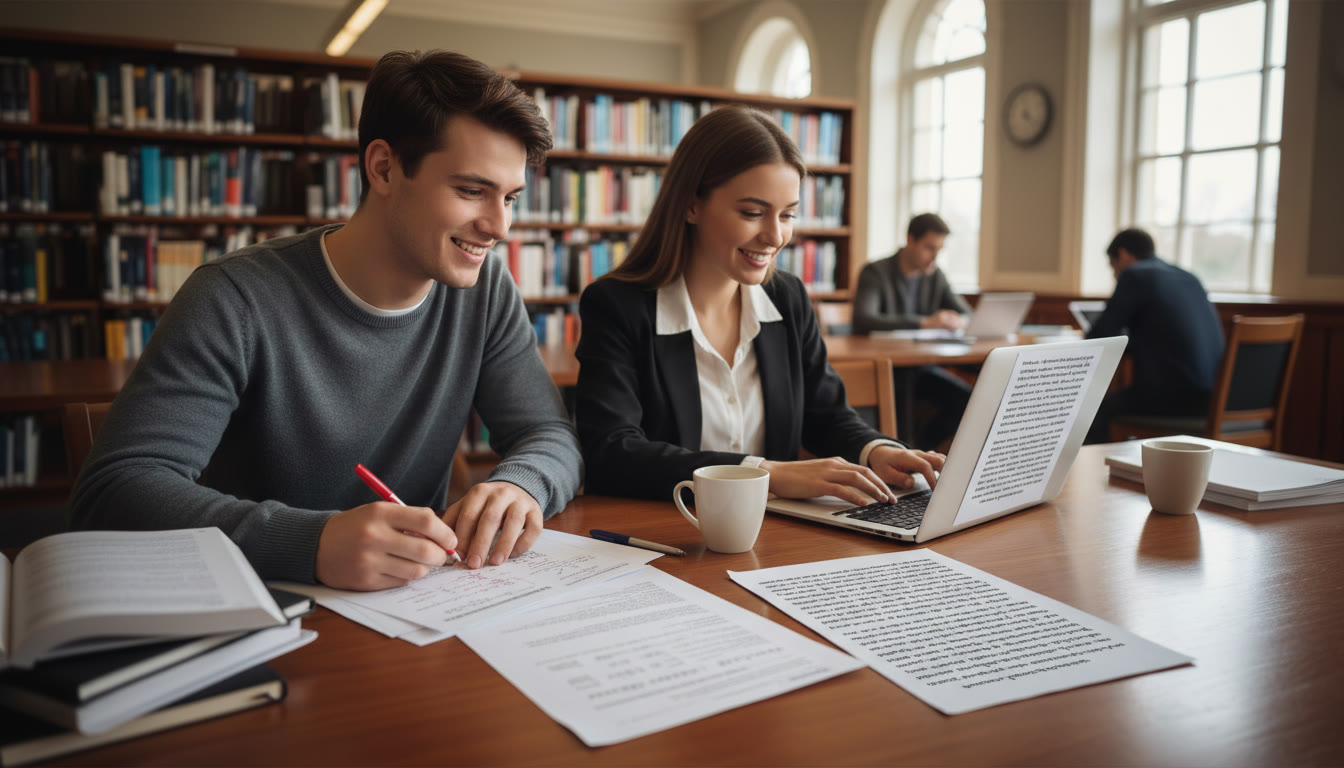 Photo Idea : Two students working at a library table, one marking a past paper while the other edits a typed essay draft.