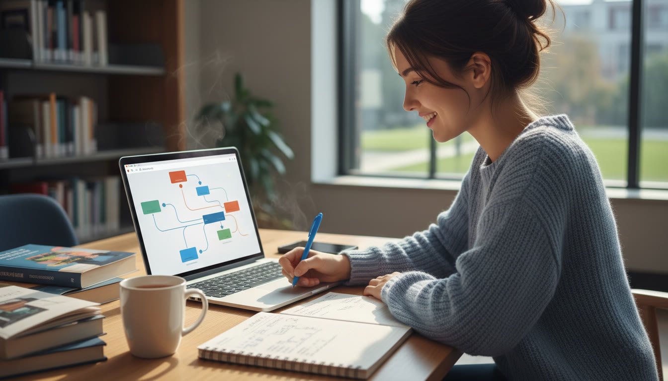 Photo Idea : Student writing notes with a laptop showing a citation manager