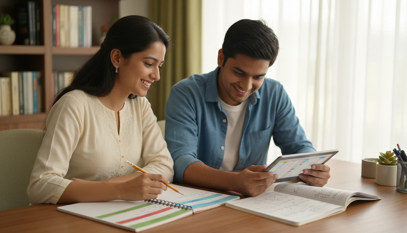 Photo Idea : A tutor and a student reviewing an error log and a color-coded notebook