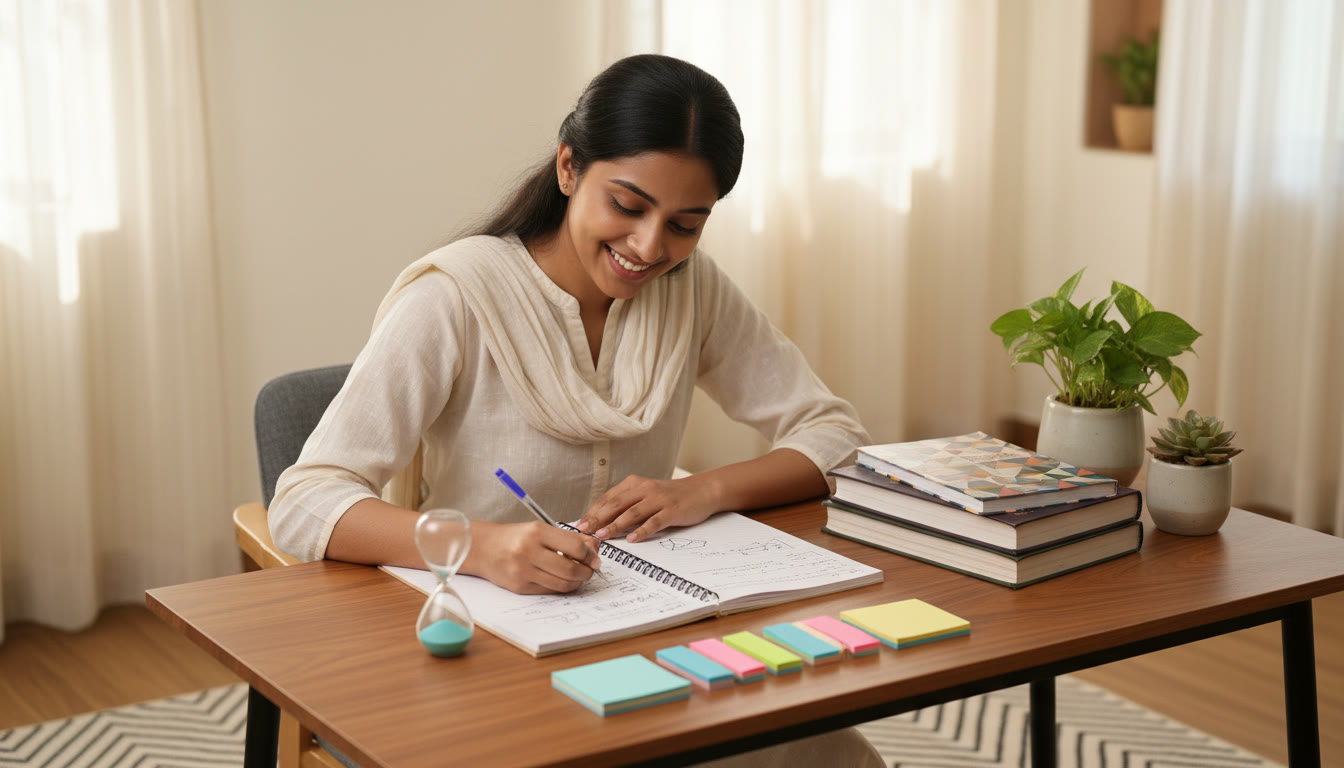 Photo Idea : A focused student at a tidy desk with ISC textbooks, a notebook, a timer and color-coded sticky notes