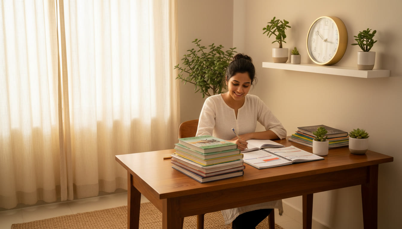 Photo Idea : A focused student at a desk with school textbooks and NEET notes, a visible clock and a tidy study planner