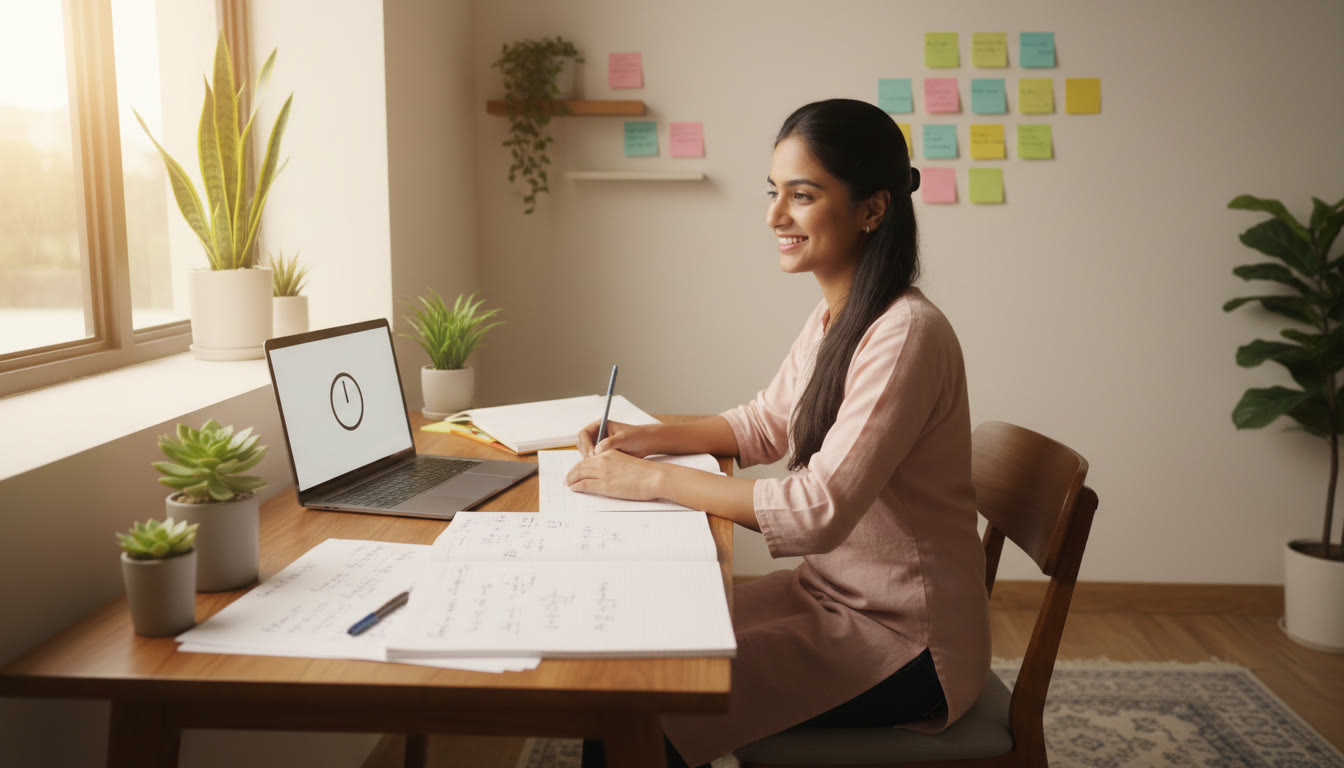 Photo Idea : A focused student at a tidy desk with physics and maths notes open, a timer on a laptop, and sticky notes on the wall