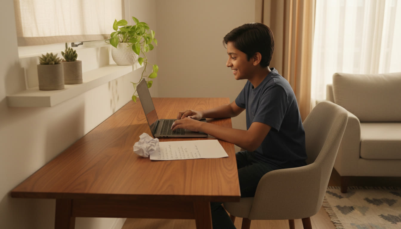Photo Idea : A student solving a timed mock test on a laptop with a printed formula sheet beside them