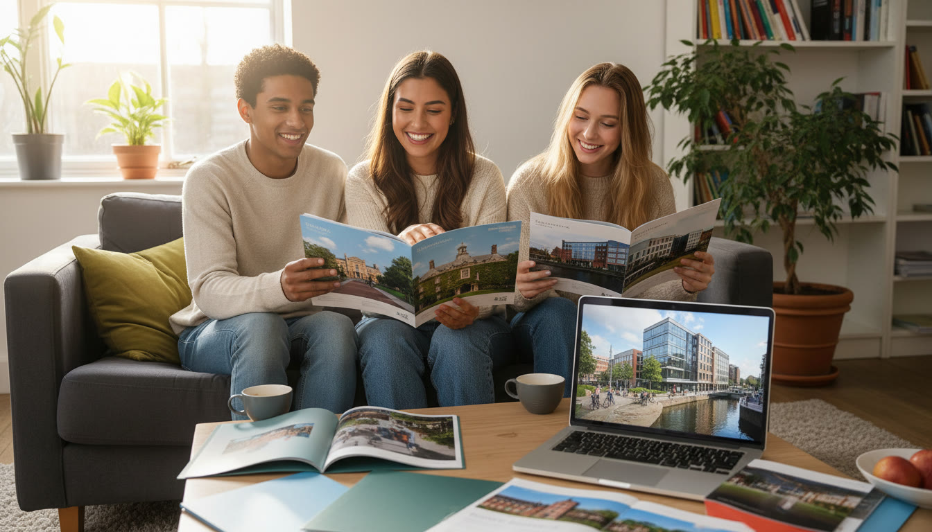 Photo Idea : IB student reviewing university prospectuses with a laptop showing UK and Netherlands campuses