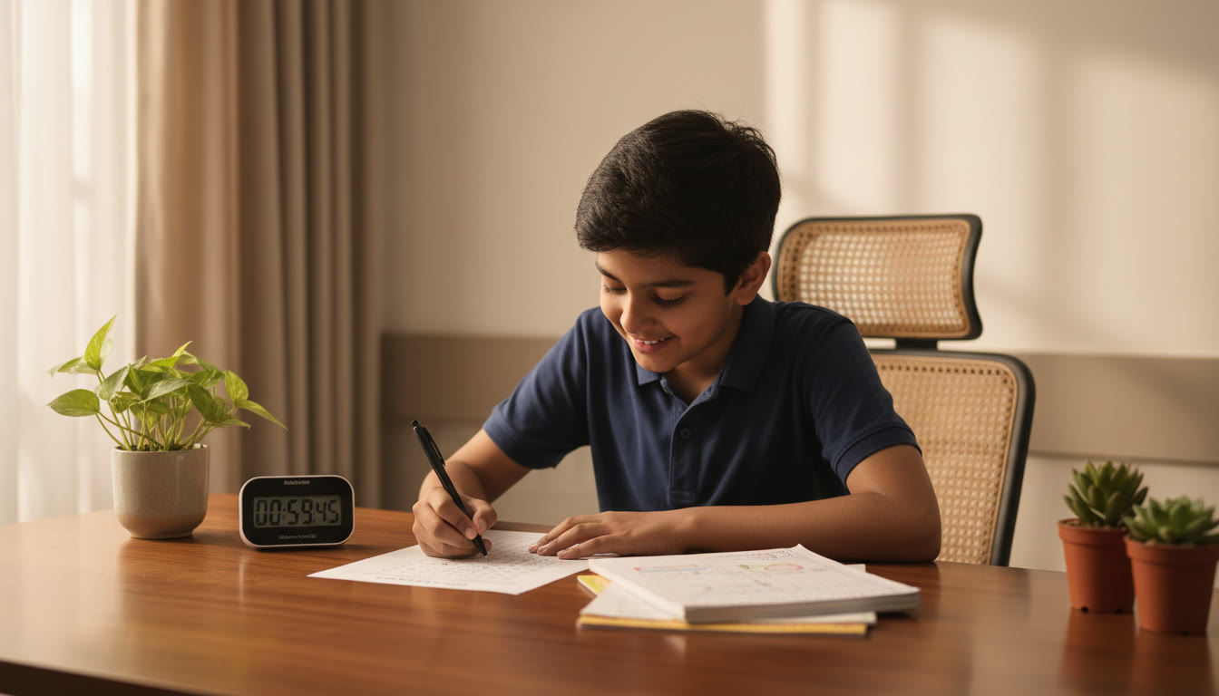 Photo Idea : Student filling an OMR sheet carefully with a timer and neat revision notes beside them.
