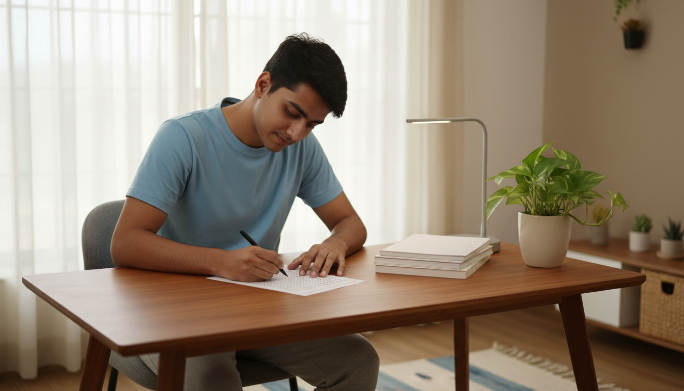 Photo Idea : Student at a study table marking an OMR sheet with calm focus
