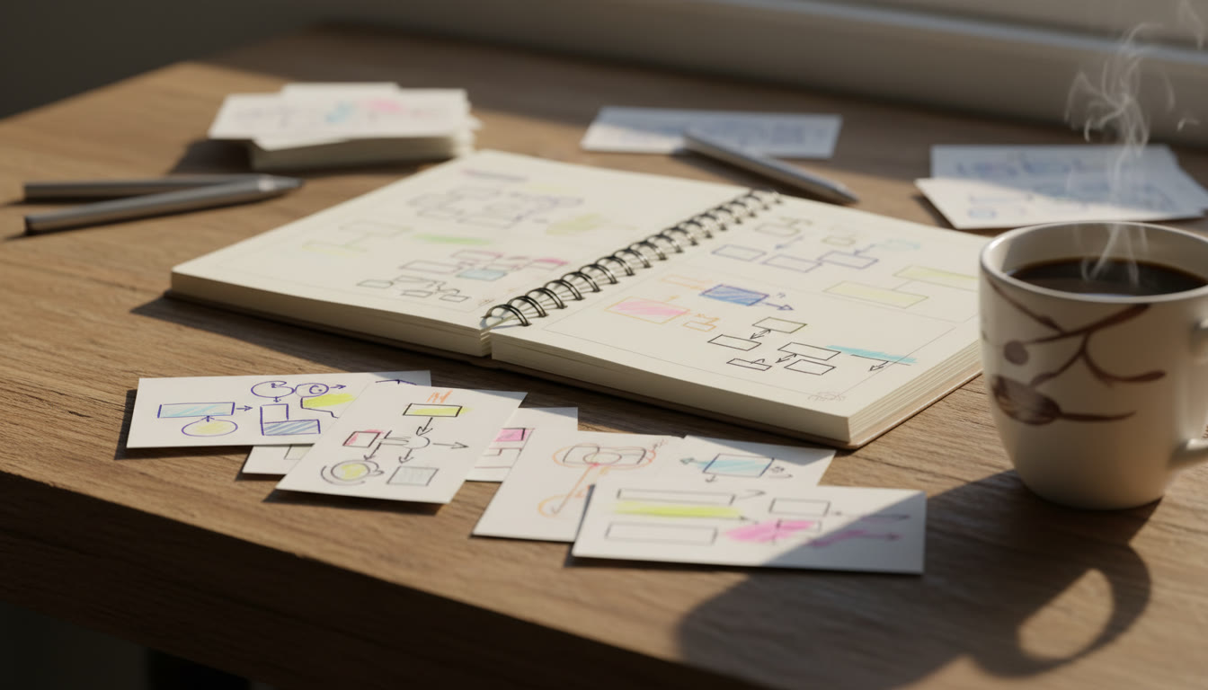 Photo Idea : Close-up of annotated source cards, a TOK essay planner, and a cup of coffee