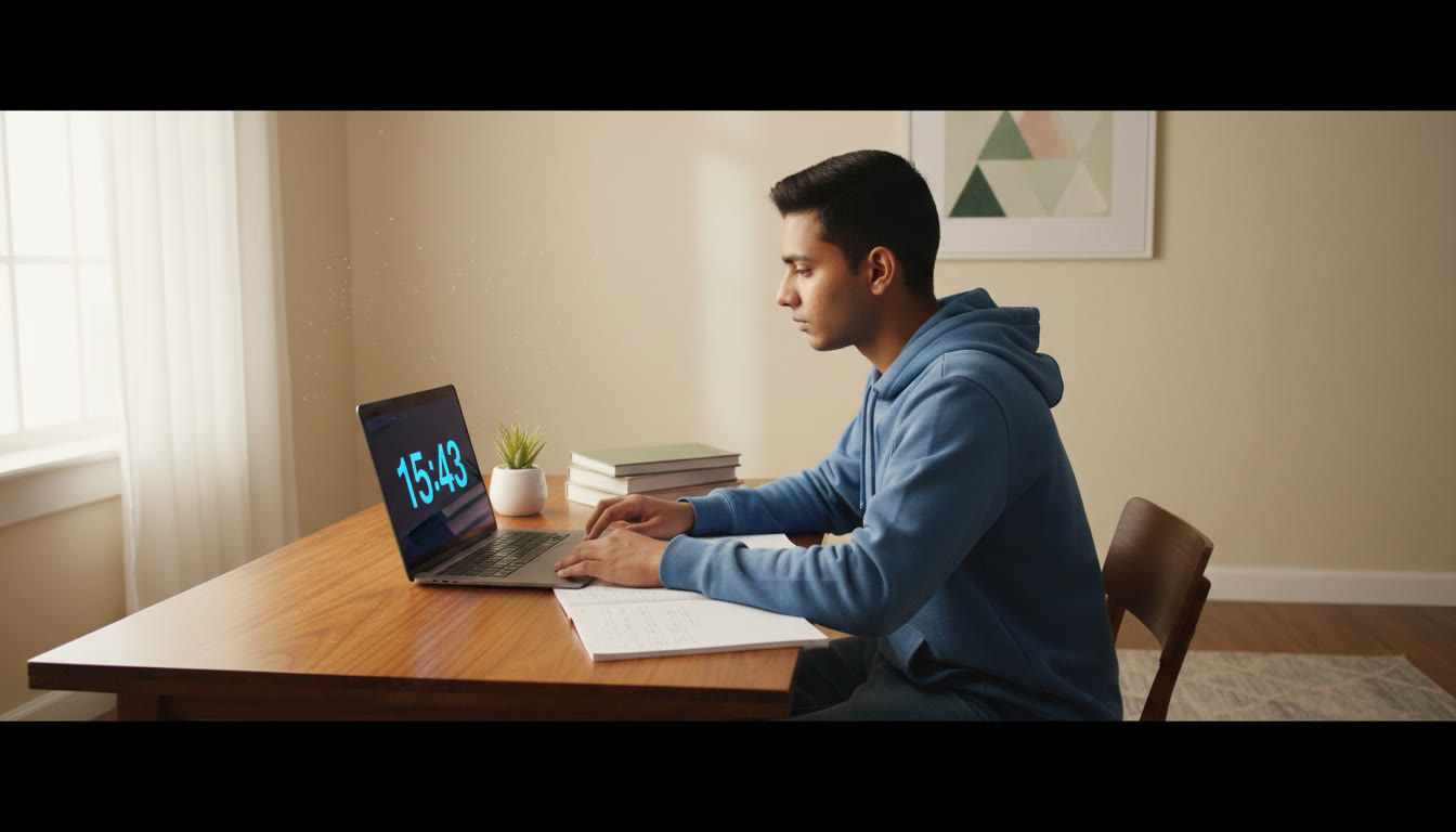 Photo Idea : Student at a desk taking a timed mock test on a laptop with a visible countdown timer