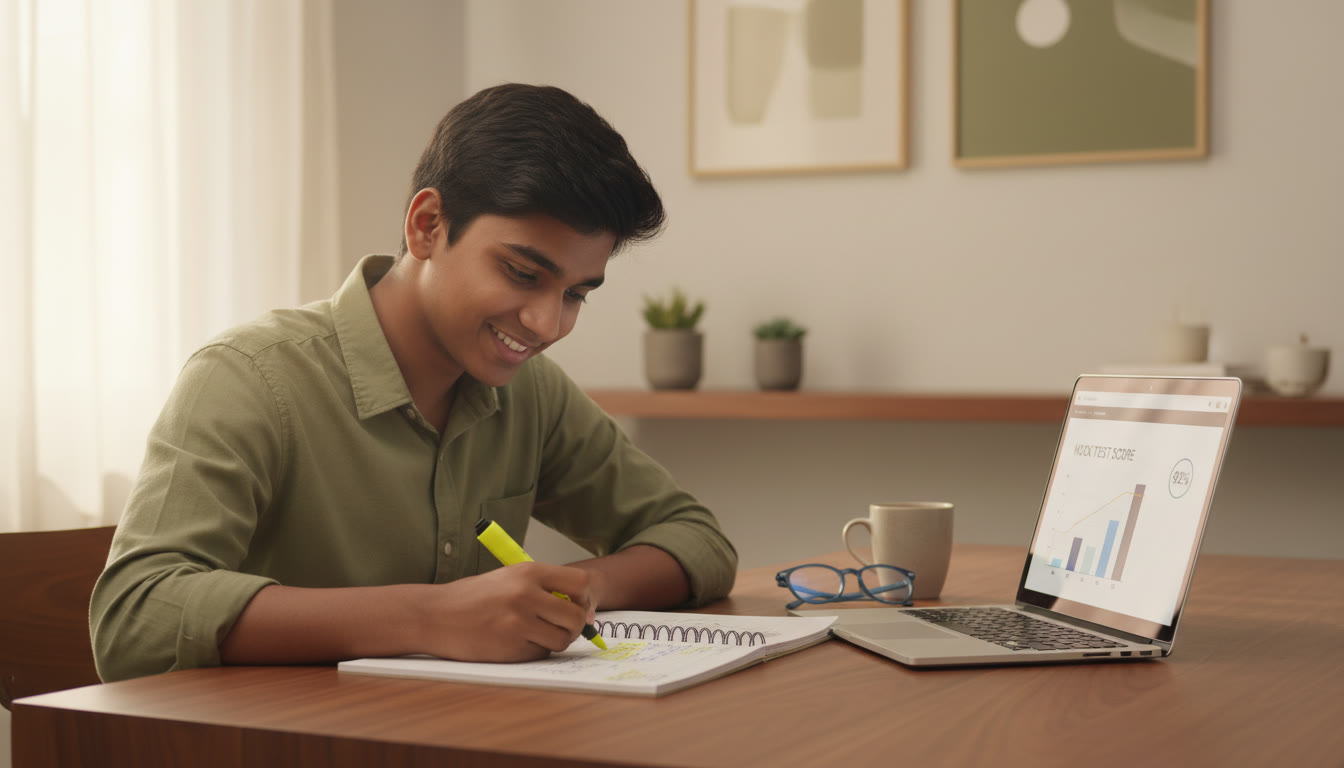 Photo Idea : A student checking an error log notebook with a highlighter and a laptop showing a scored mock