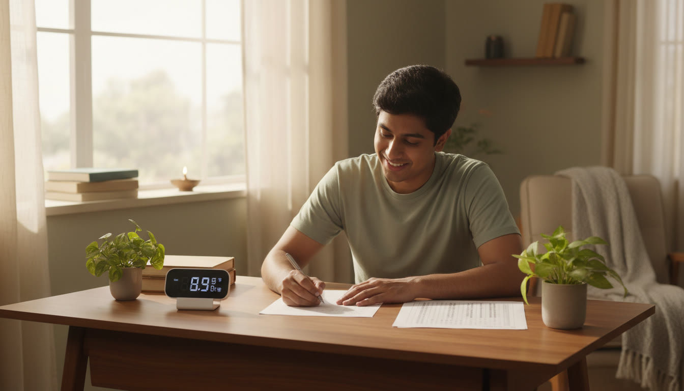 Photo Idea : Student calmly solving a timed mock test at a desk with an OMR sheet nearby