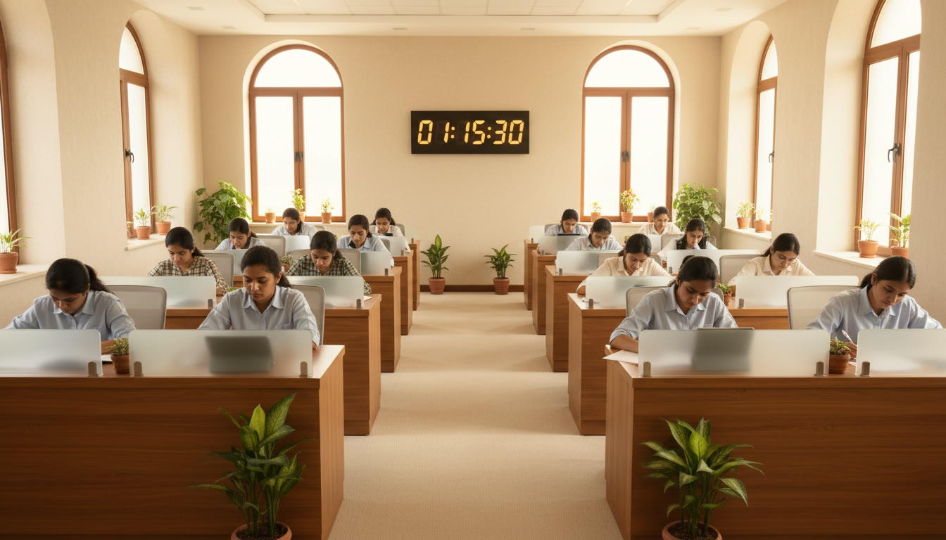 Photo Idea : Students taking a timed mock test in a quiet hall with a visible timer