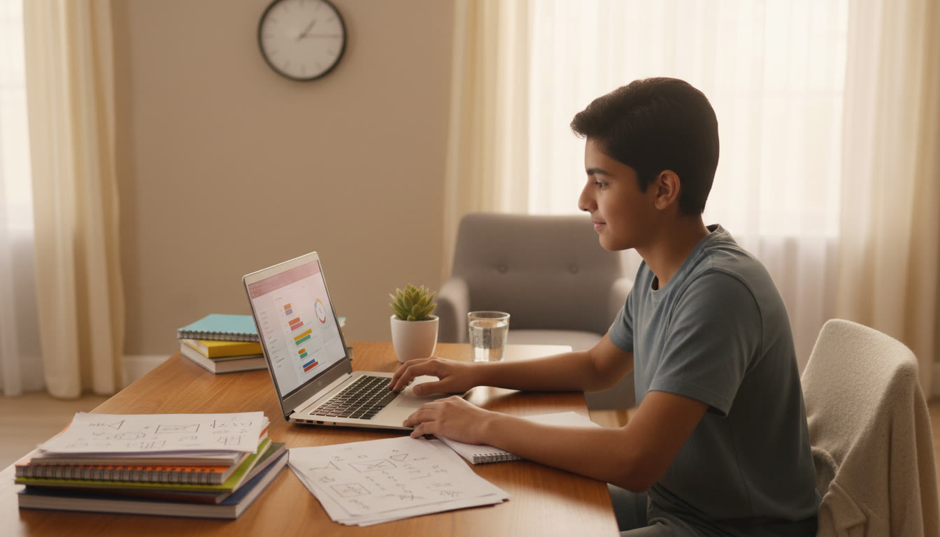 Photo Idea : a focused student taking a timed online mock test on a laptop, surrounded by neat notes and a clock