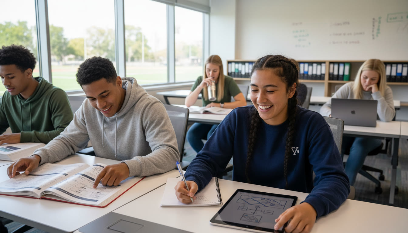 Photo Idea : Student-athlete taking notes next to teammates in a study hall