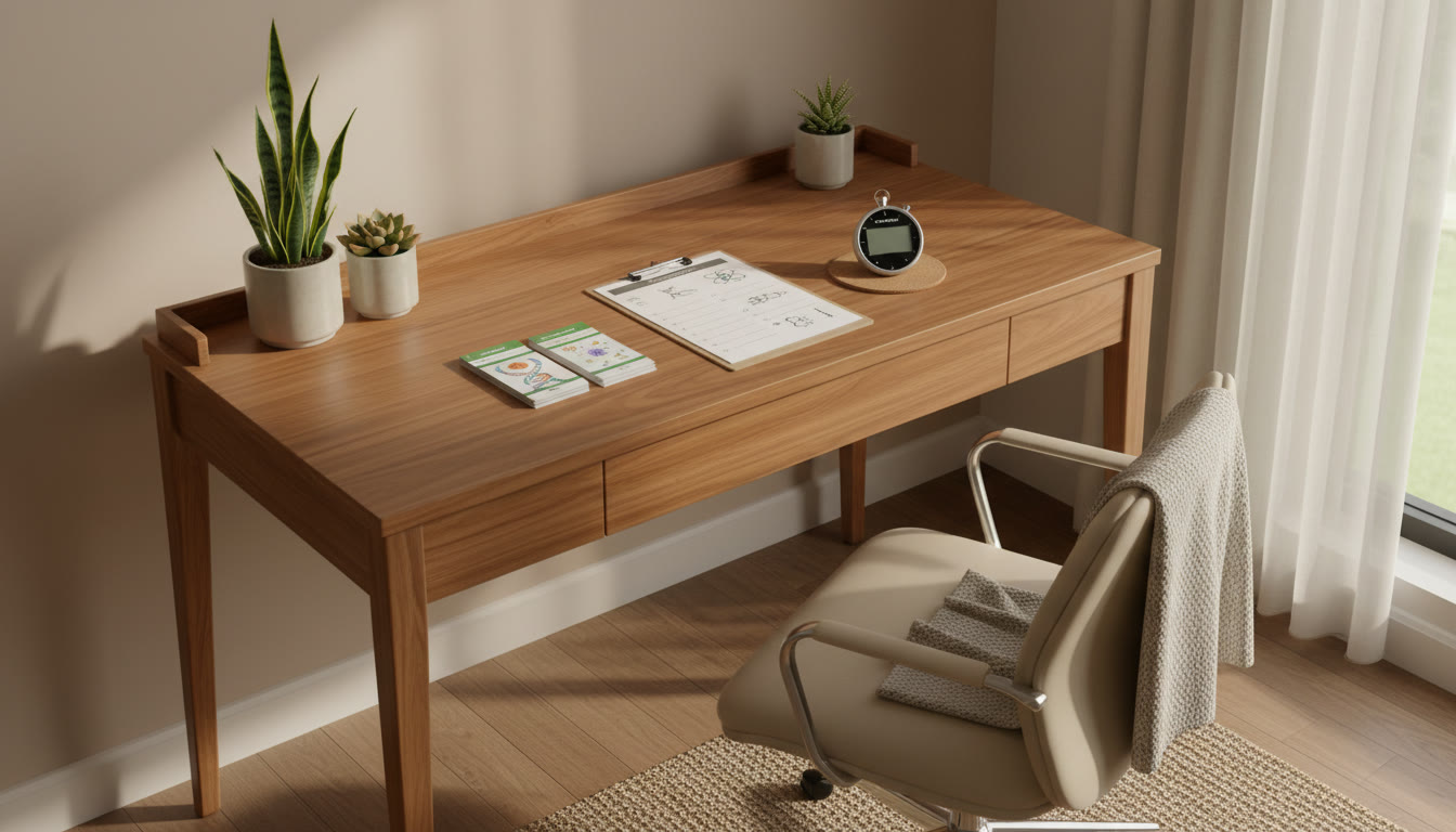 Photo Idea : neat study desk with biology flashcards, a stopwatch, and a mock-test paper on a clipboard