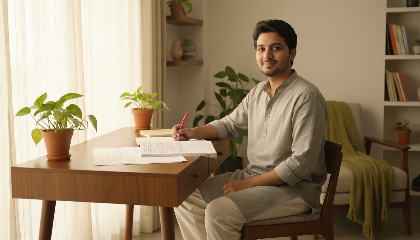 Photo Idea : Student sitting at a desk with a mock test paper and a notebook, highlighting errors