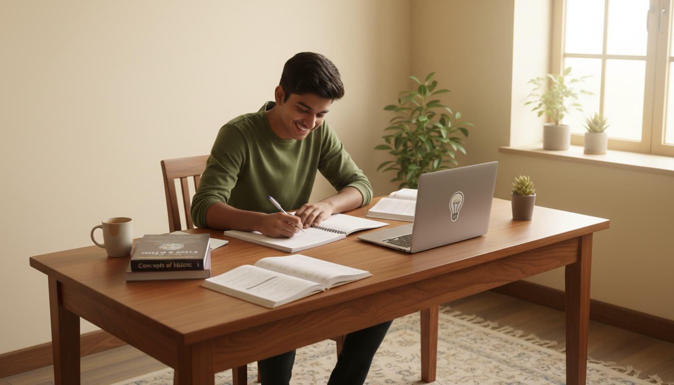 Photo Idea : A focused student solving a physics problem at a desk with scattered notebooks and a laptop