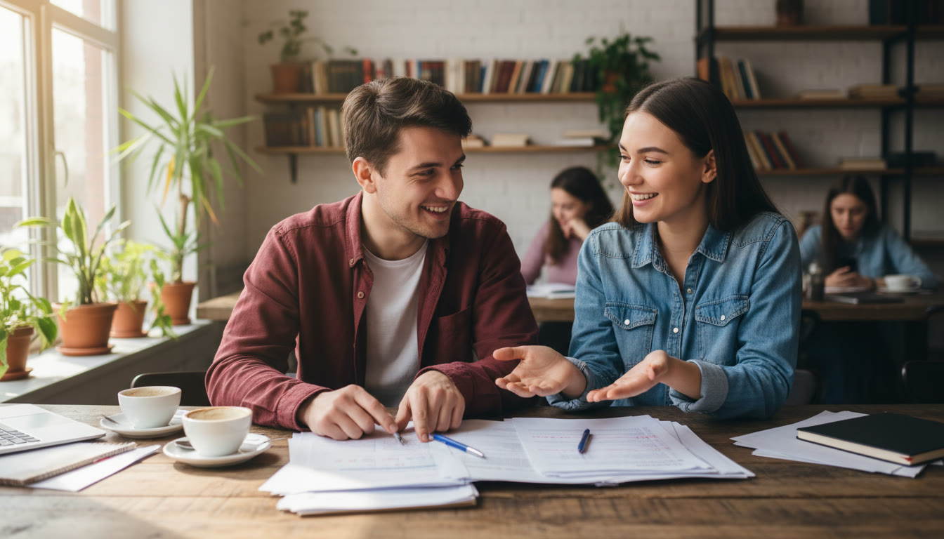 Photo Idea : Group of two students discussing a marked past paper at a café table
