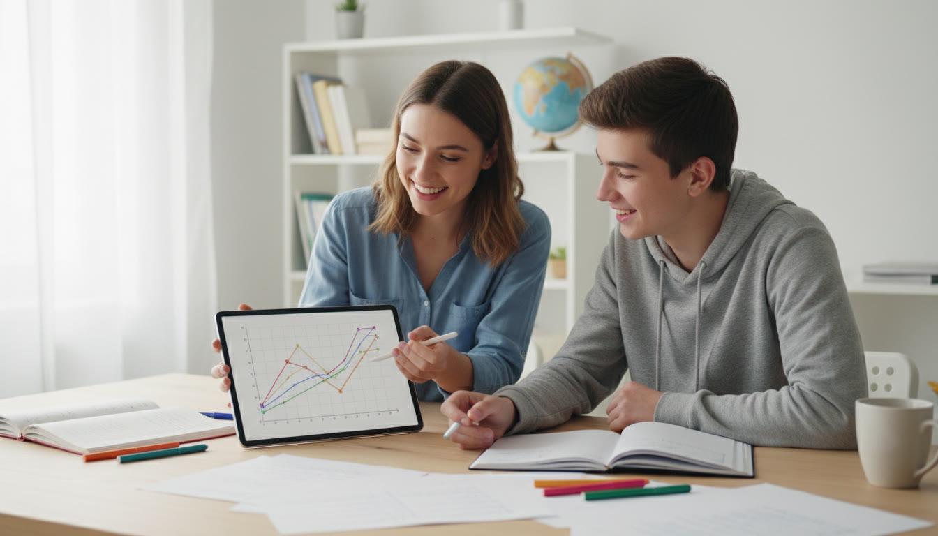 Photo Idea : A tutor and student discussing a plotted graph on a tablet while taking notes